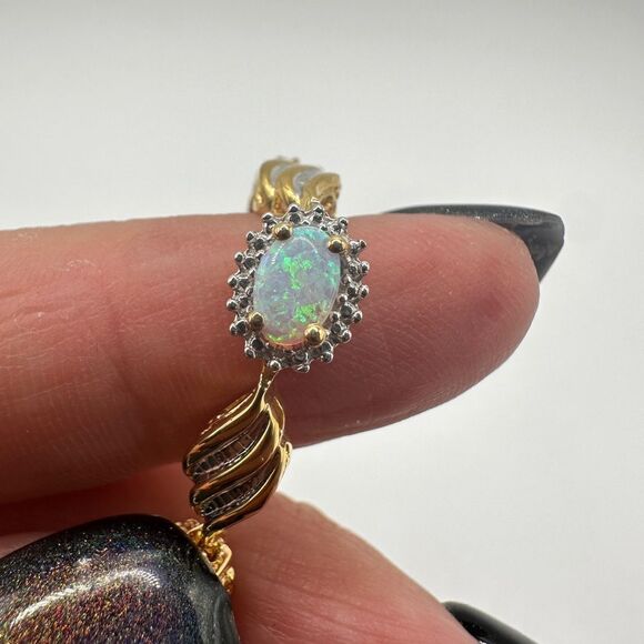 7" Lab created opal and diamond accent tennis bracelet in gold over 925! - Picture 4 of 16